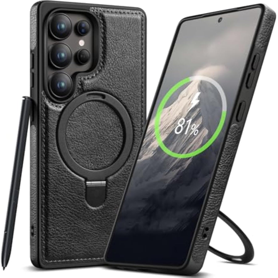 SupShell™️ Leather Rugged Armor Case Compatible with Magsafe Series for Samsung Galaxy S25 Ultra, Black - Supshell