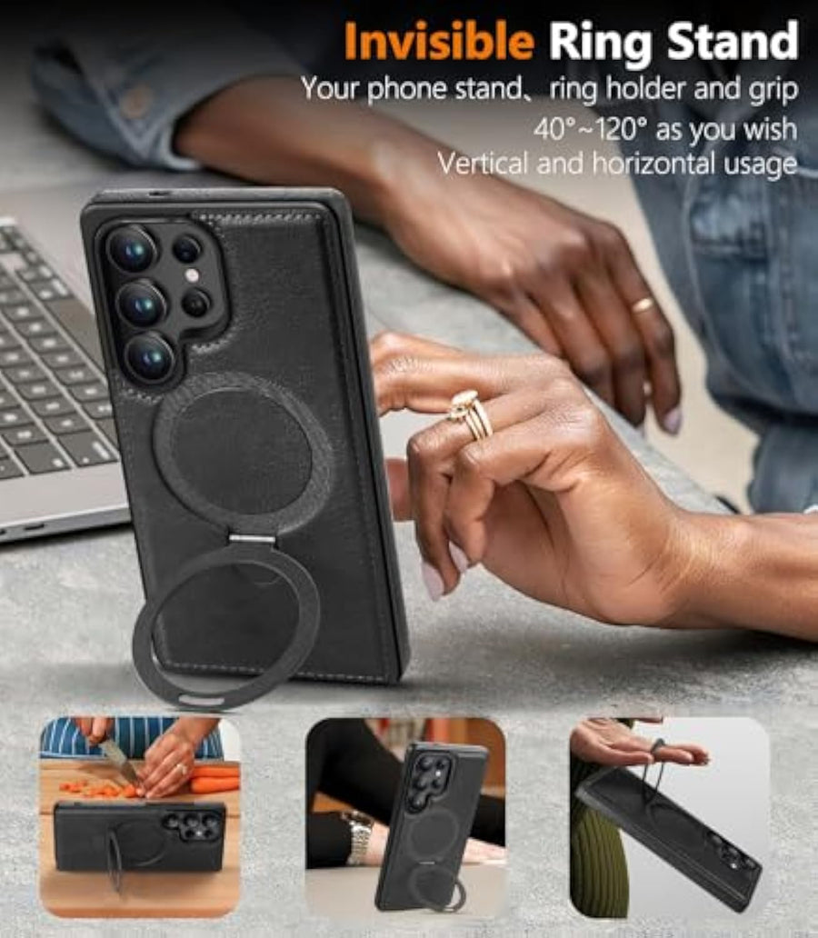 SupShell™️ Leather Rugged Armor Case Compatible with Magsafe Series for Samsung Galaxy S25 Ultra, Black - Supshell