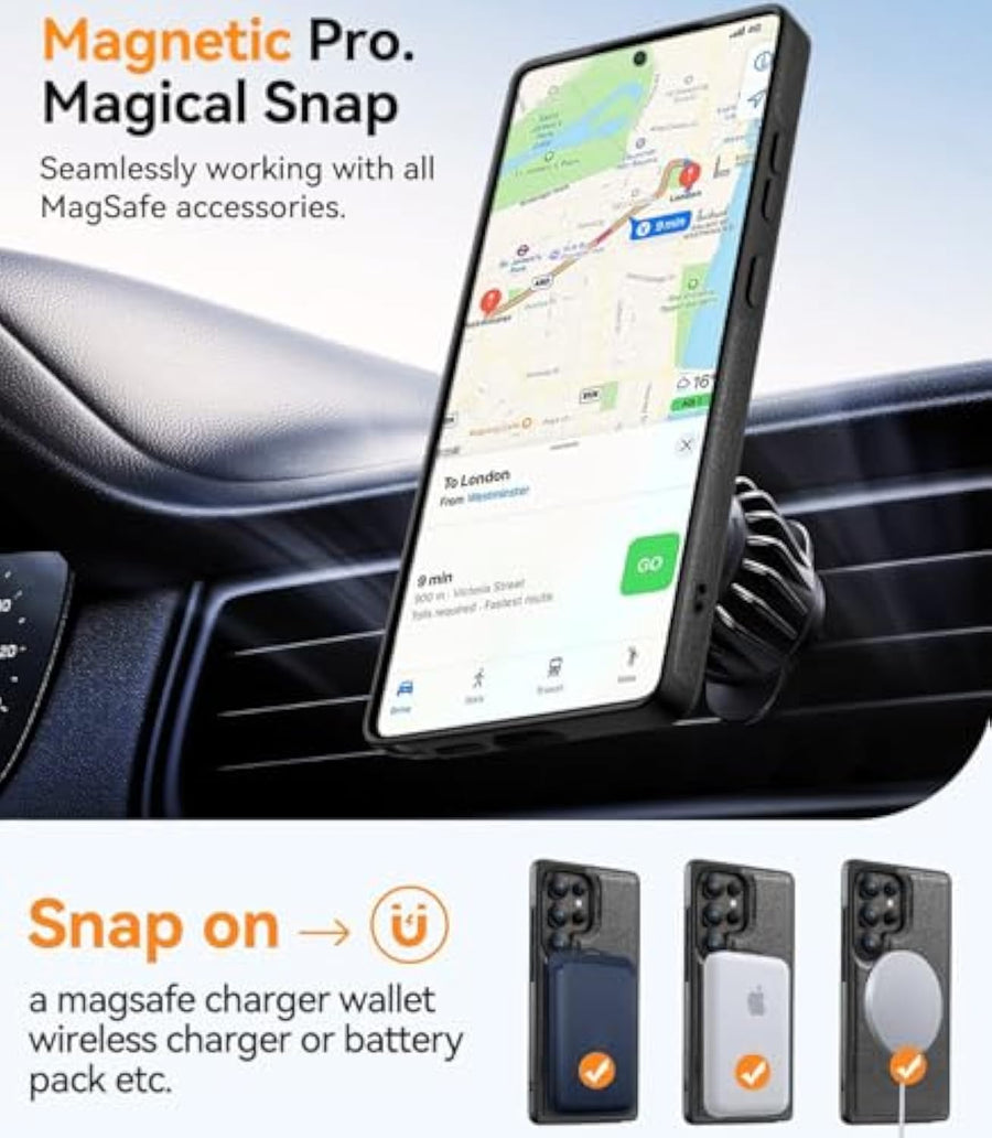 SupShell™️ Leather Rugged Armor Case Compatible with Magsafe Series for Samsung Galaxy S25 Ultra, Black - Supshell