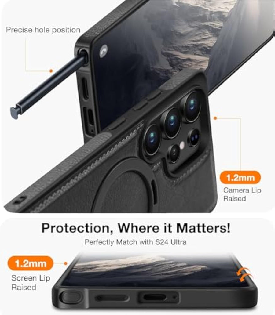 SupShell™️ Leather Rugged Armor Case Compatible with Magsafe Series for Samsung Galaxy S25 Ultra, Black - Supshell