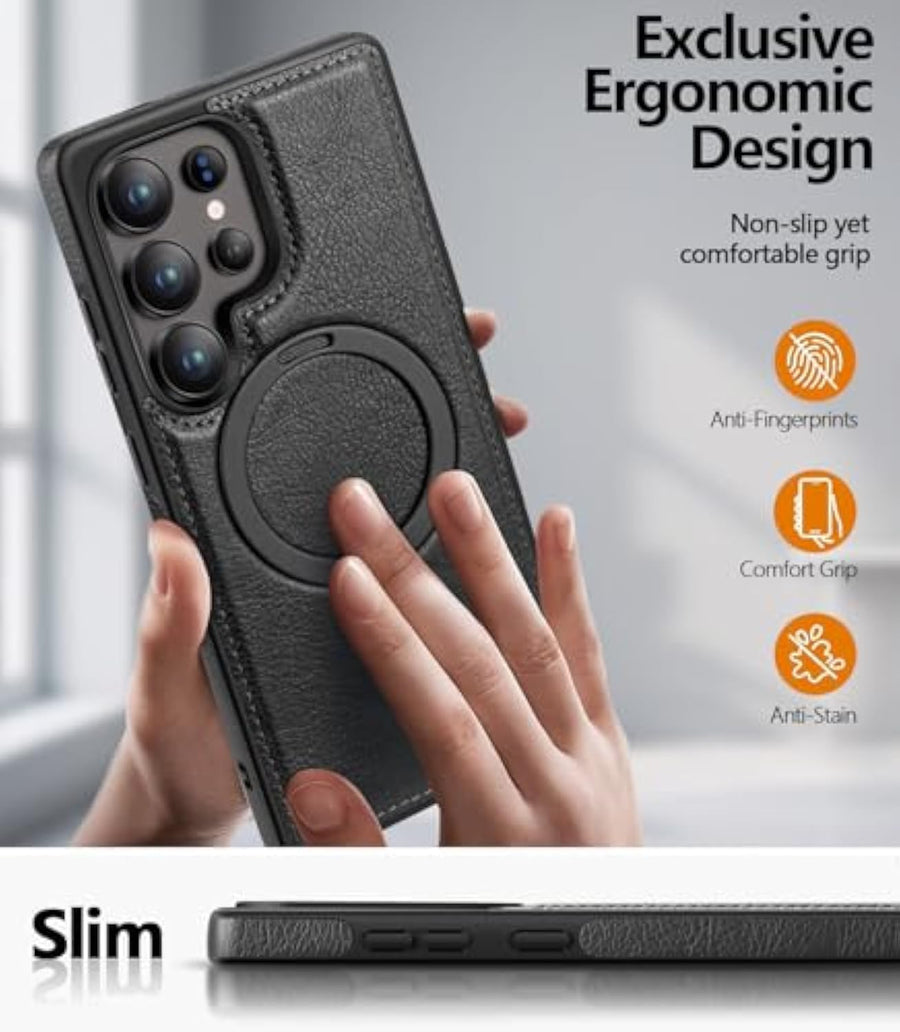 SupShell™️ Leather Rugged Armor Case Compatible with Magsafe Series for Samsung Galaxy S25 Ultra, Black - Supshell