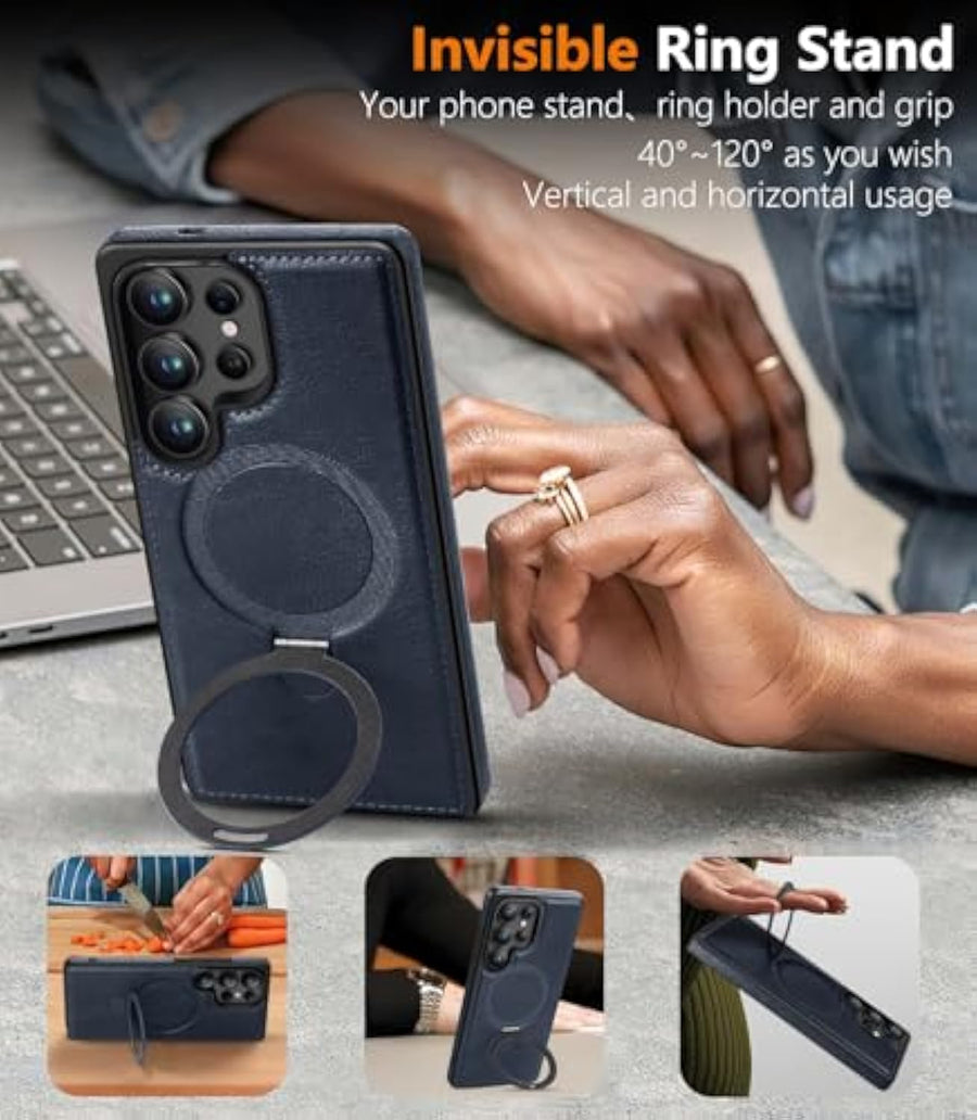 SupShell™️ Leather Rugged Armor Case Compatible with Magsafe Series for Samsung Galaxy S25 Ultra, Blue - Supshell