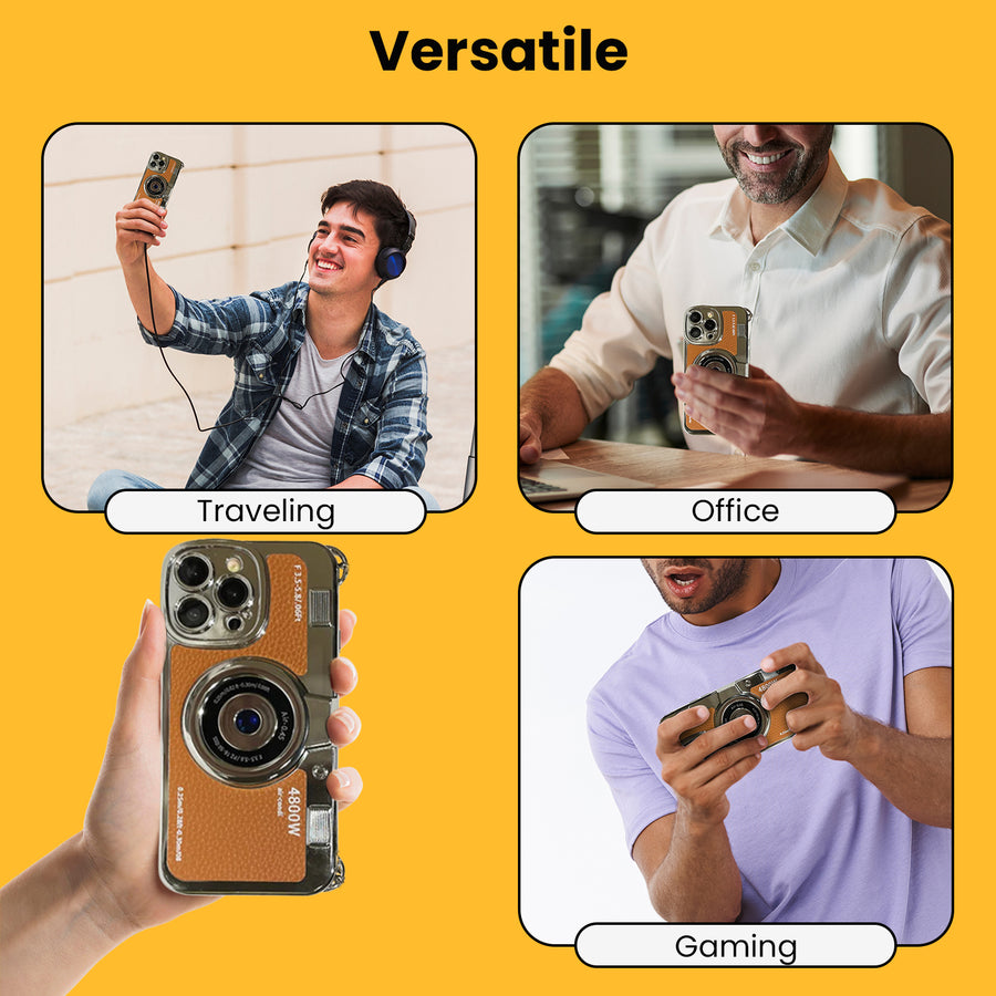 Retro Camera iPhone Case - TPU & Leather | Shockproof 3D Protection for Men Women - Brown