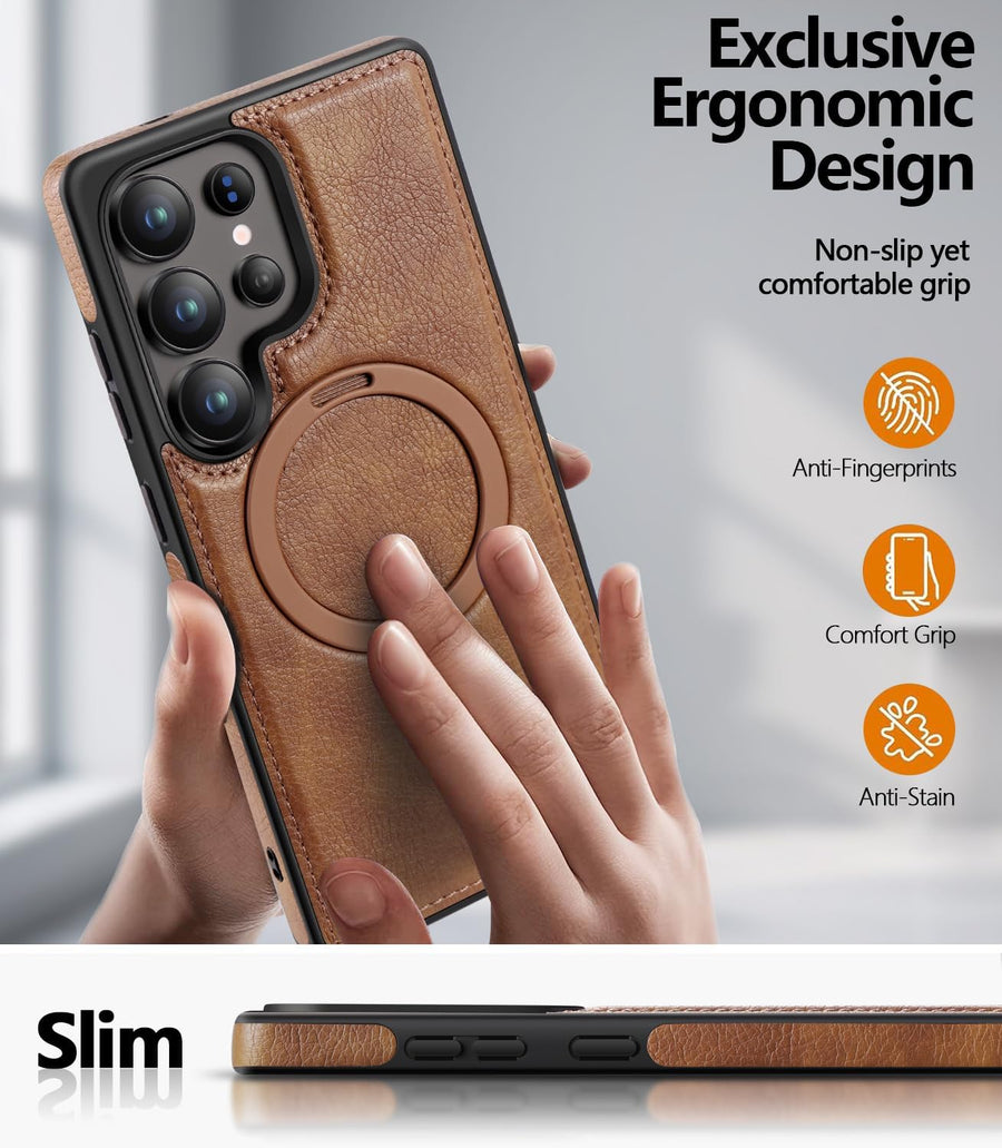 SupShell™️ Leather Rugged Armor Case Compatible with Magsafe Series for Samsung Galaxy S25 Ultra, Brown - Supshell