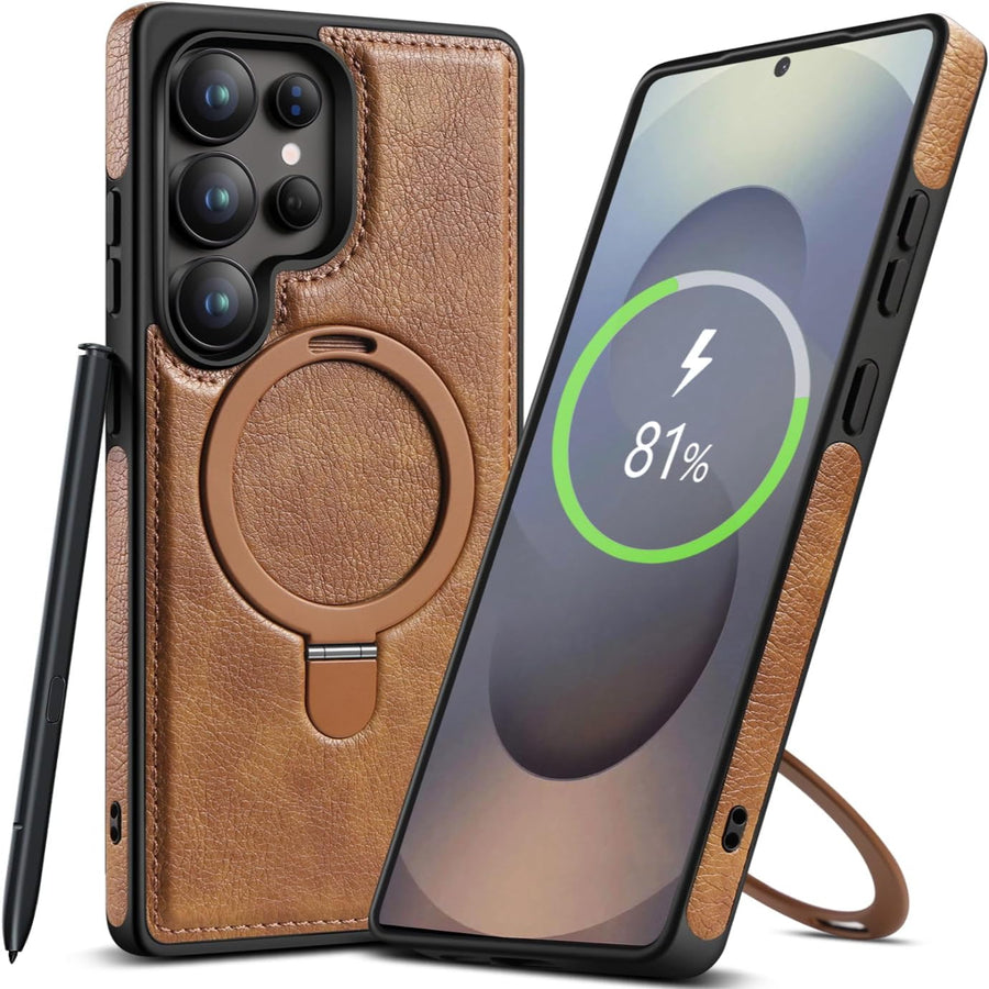 SupShell™️ Leather Rugged Armor Case Compatible with Magsafe Series for Samsung Galaxy S25 Ultra, Brown - Supshell