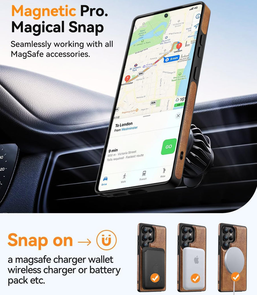 SupShell™️ Leather Rugged Armor Case Compatible with Magsafe Series for Samsung Galaxy S25 Ultra, Brown - Supshell