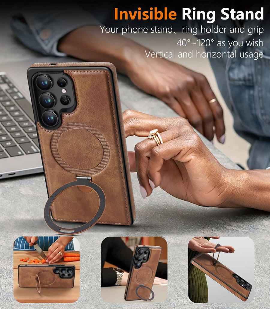 SupShell™️ Leather Rugged Armor Case Compatible with Magsafe Series for Samsung Galaxy S25 Ultra, Brown - Supshell