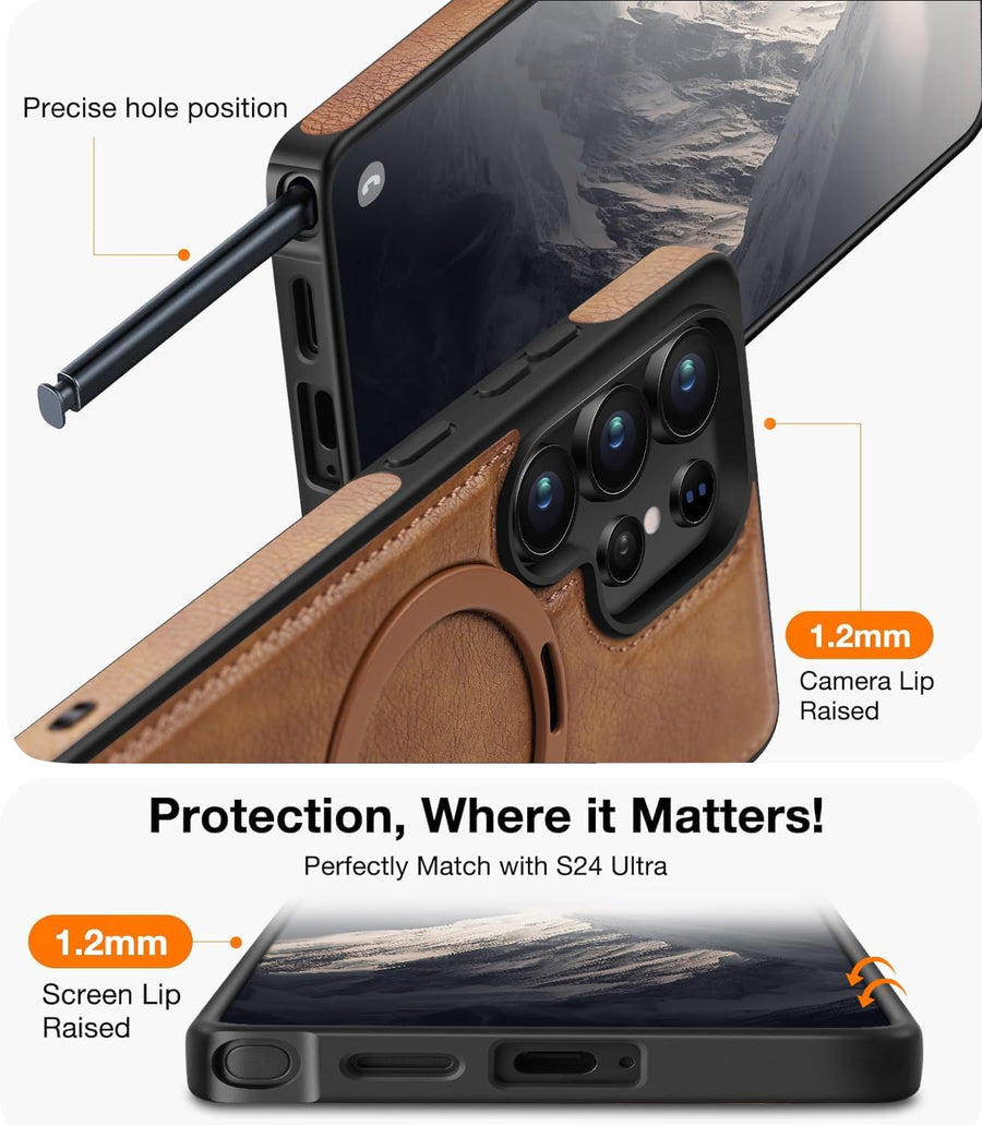 SupShell™️ Leather Rugged Armor Case Compatible with Magsafe Series for Samsung Galaxy S25 Ultra, Brown - Supshell