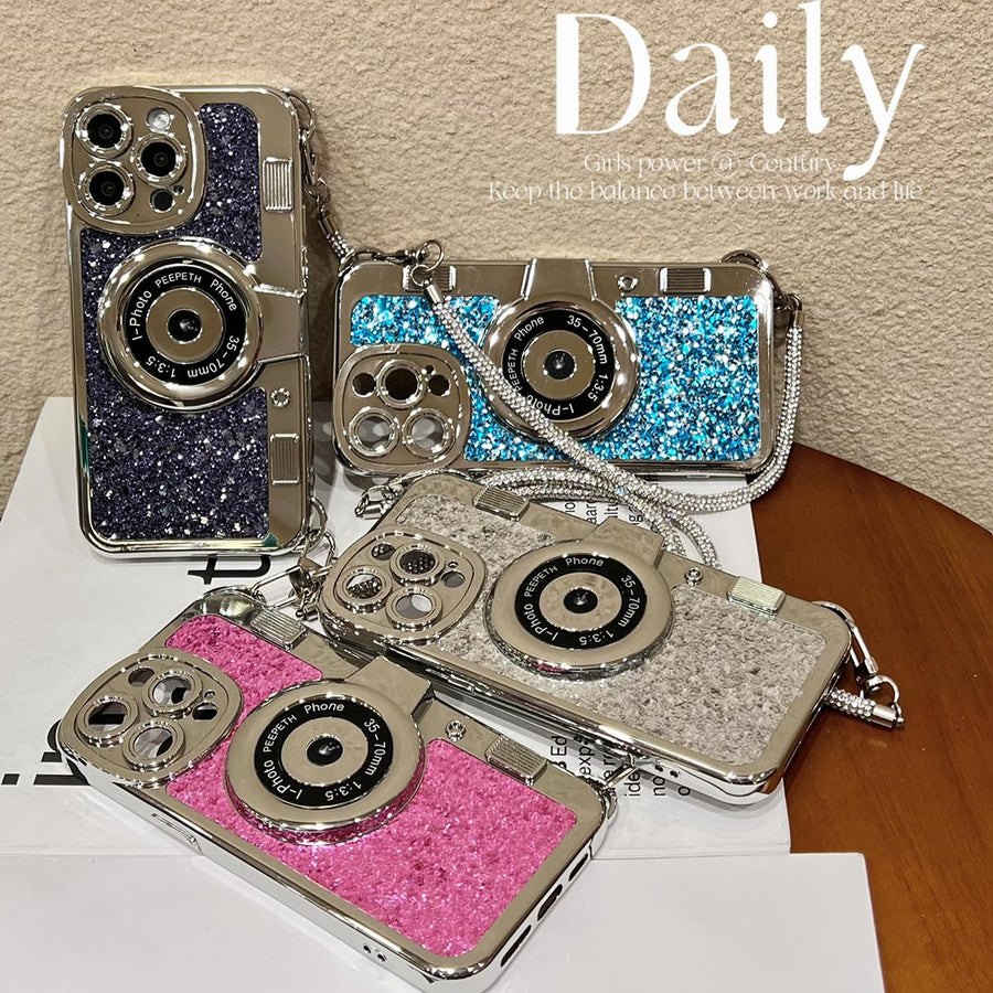 SupShell™ Retro Camera iPhone Case - TPU & Leather | Shockproof 3D Protection for Women - Diamond Blue - Supshell